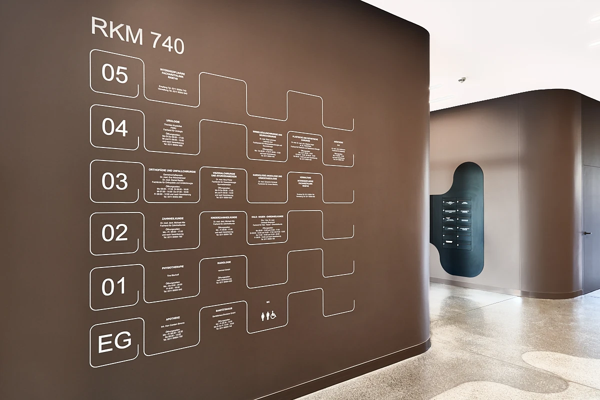Übersichtstafel der RKM 740 Interdisziplinären Facharztklinik in Düsseldorf mit Wegweiser zu den Fachbereichen